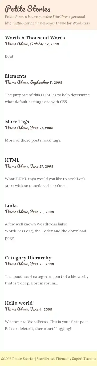 Petite Stories home page on mobile