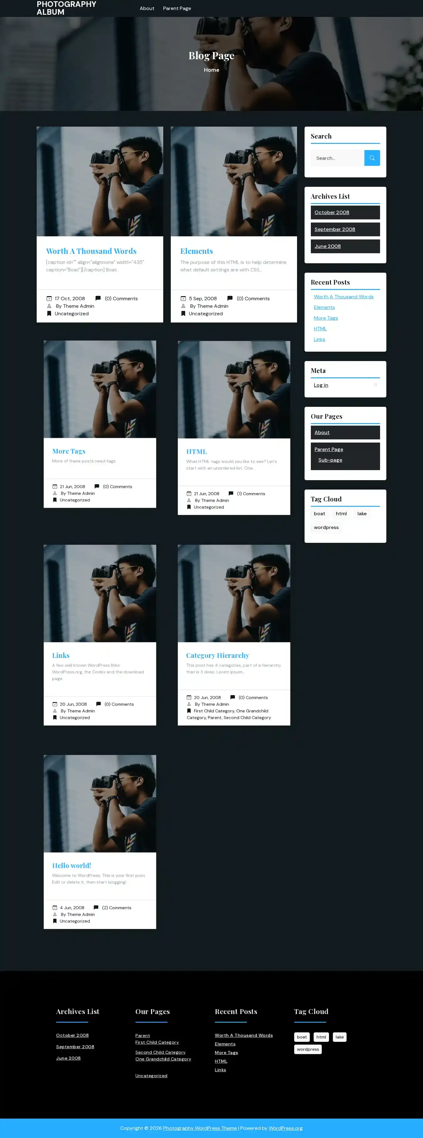 Photography Album home page on desktop