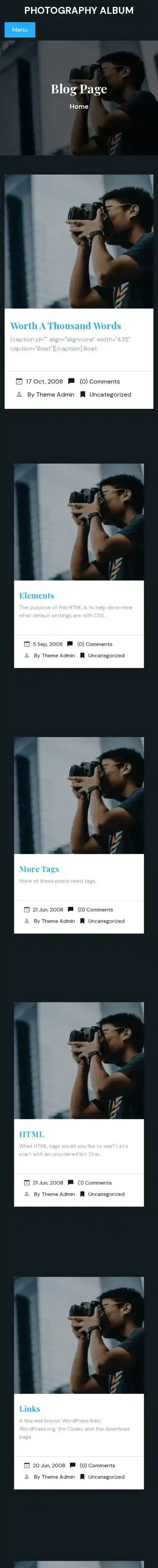 Photography Album home page on mobile