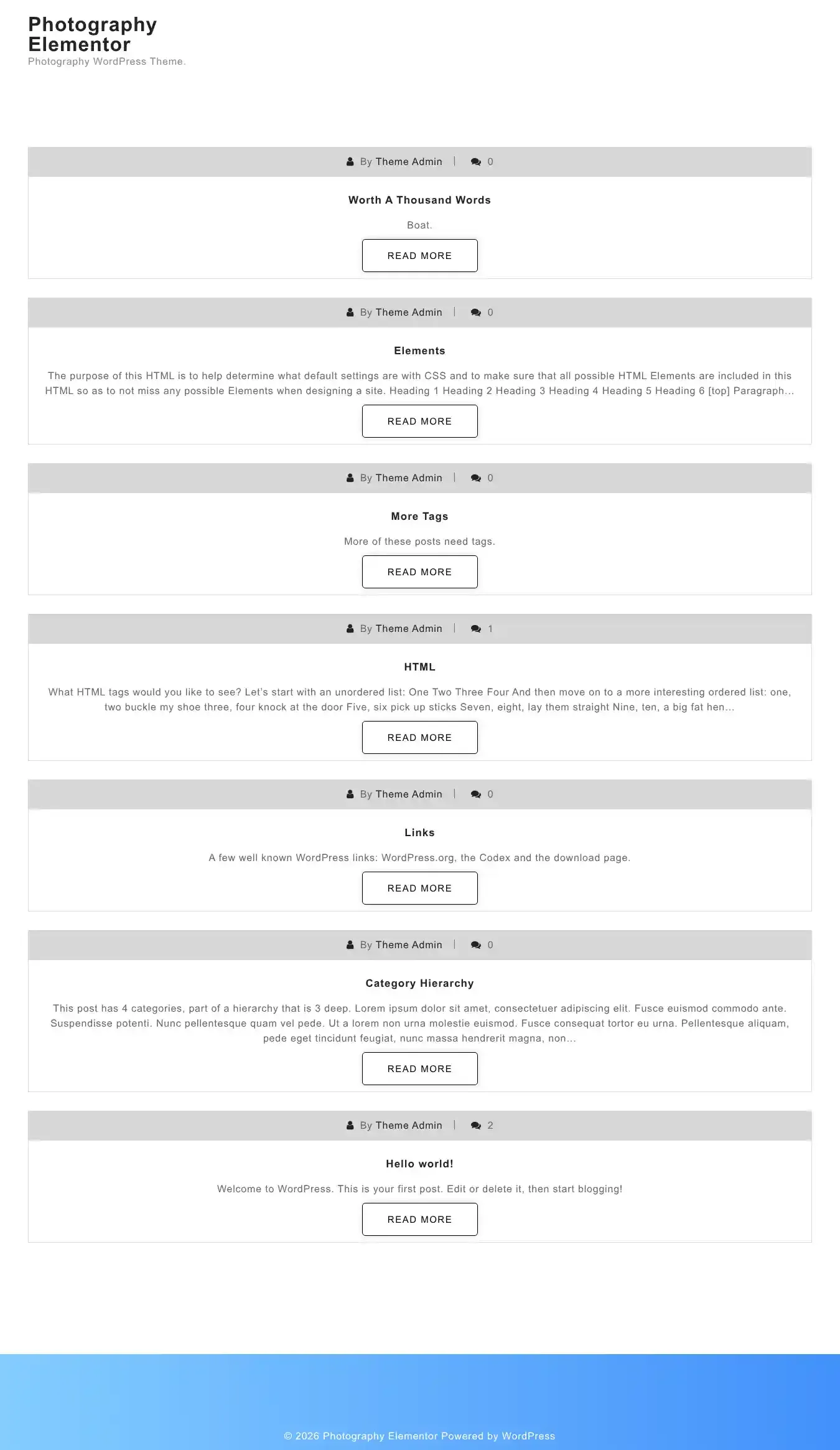 Photography Elementor home page on desktop