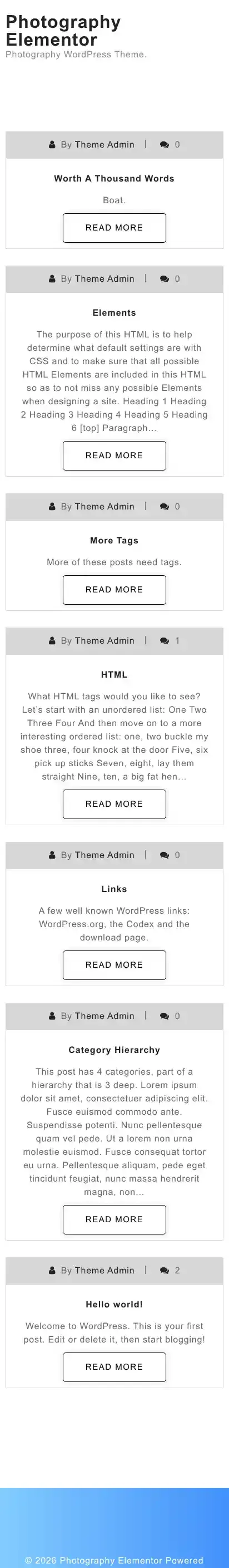 Photography Elementor home page on mobile