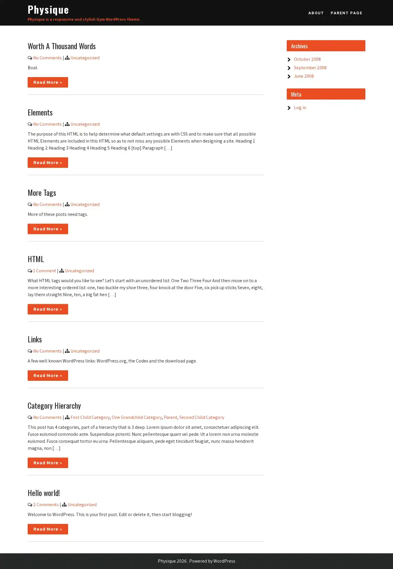 Physique home page on desktop