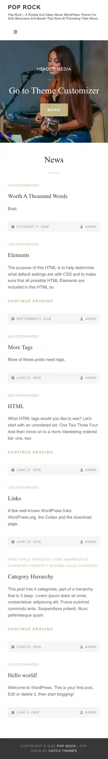 Pop Rock home page on mobile
