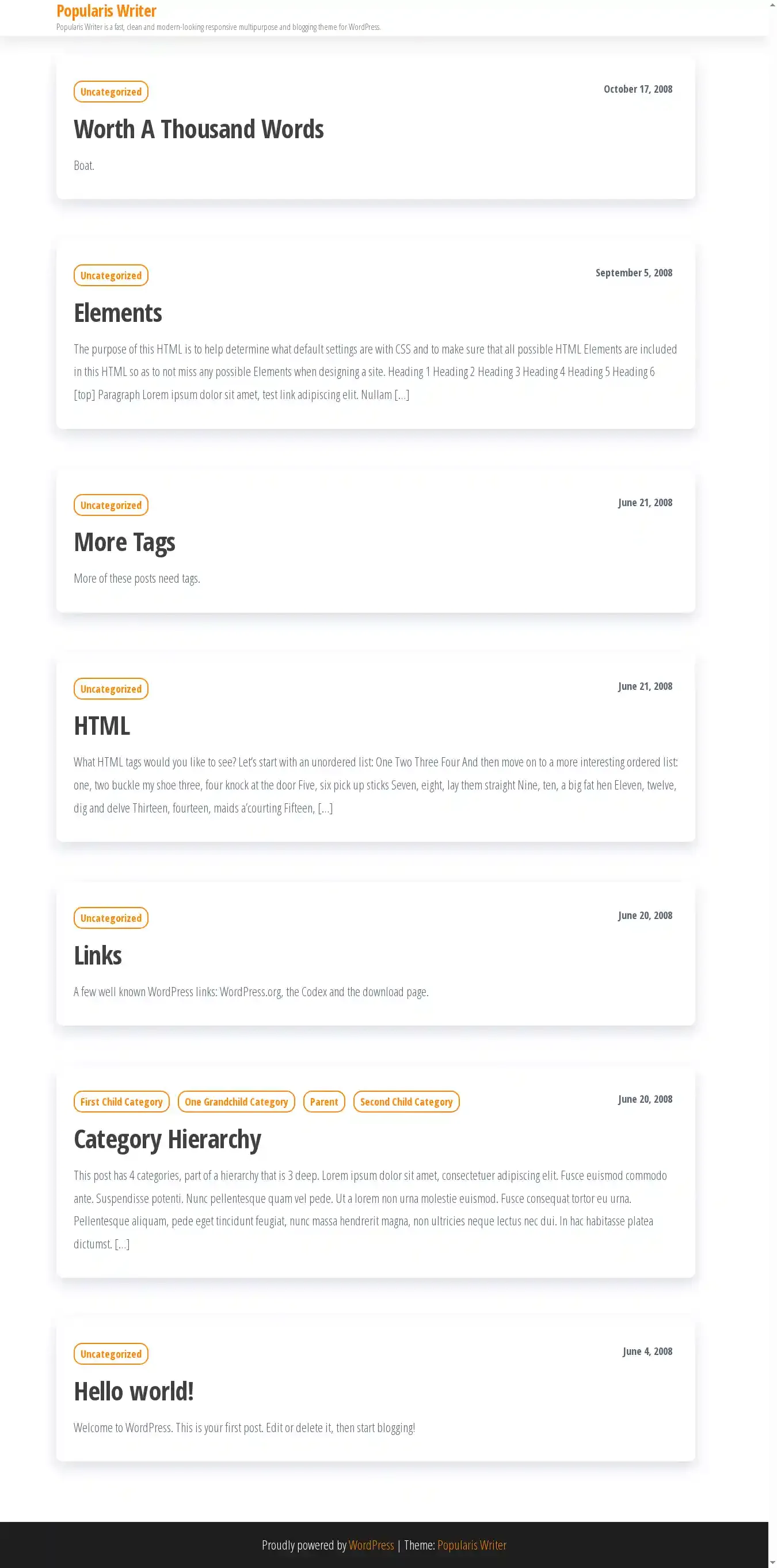Popularis Writer home page on desktop