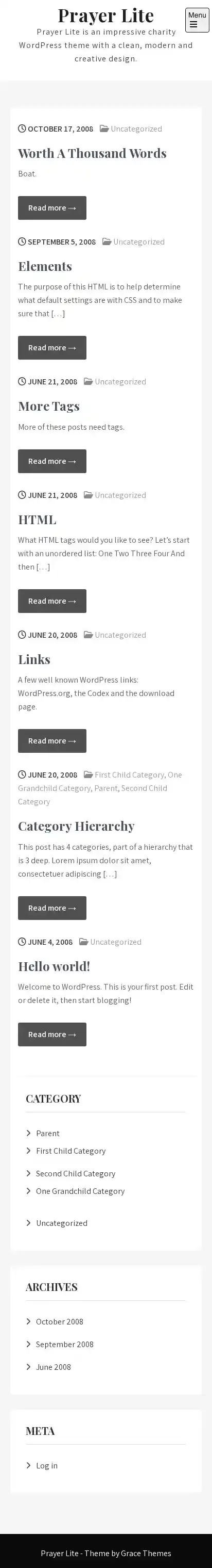 Prayer Lite home page on mobile
