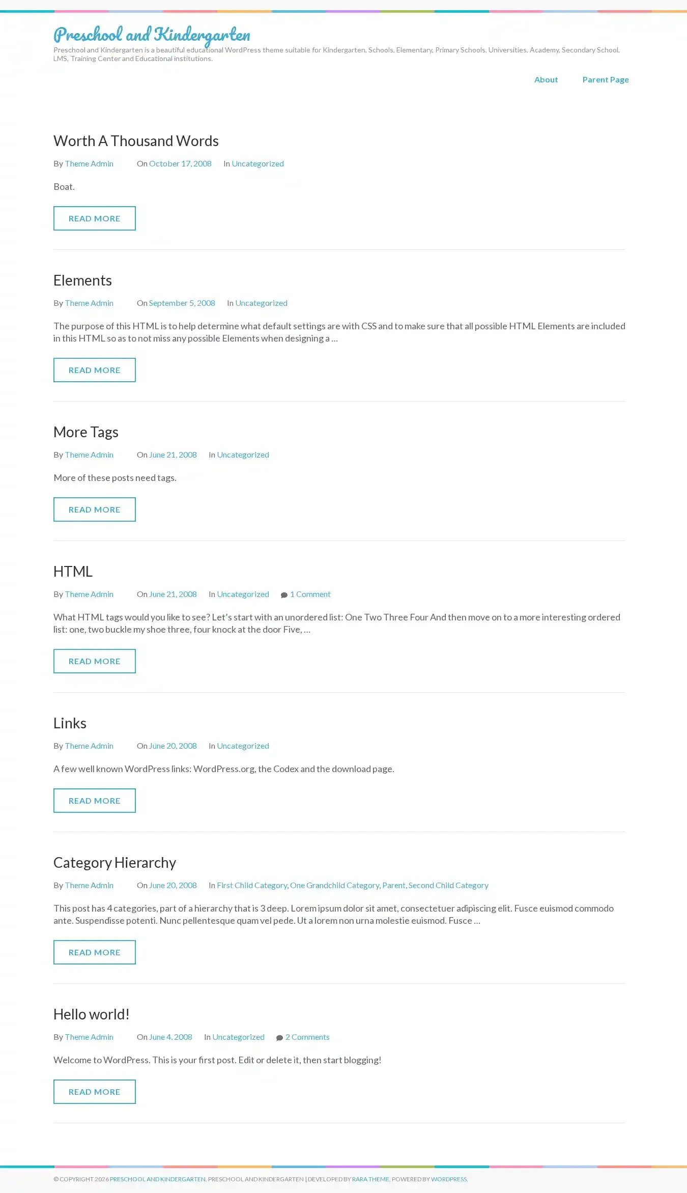 Preschool and Kindergarten home page on desktop