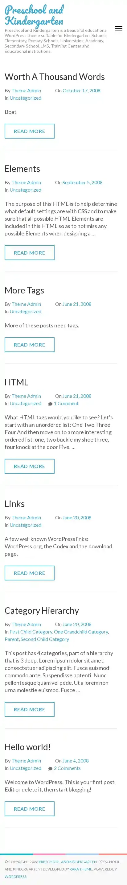 Preschool and Kindergarten home page on mobile