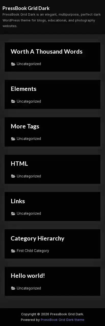 PressBook Grid Dark home page on mobile