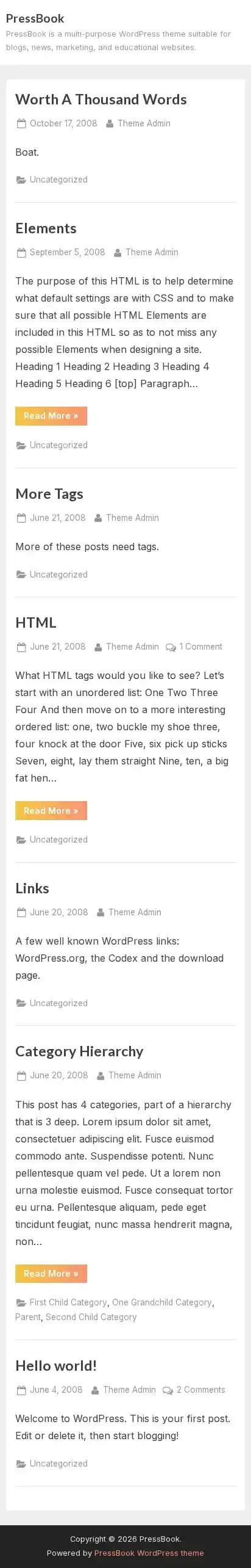 PressBook home page on mobile