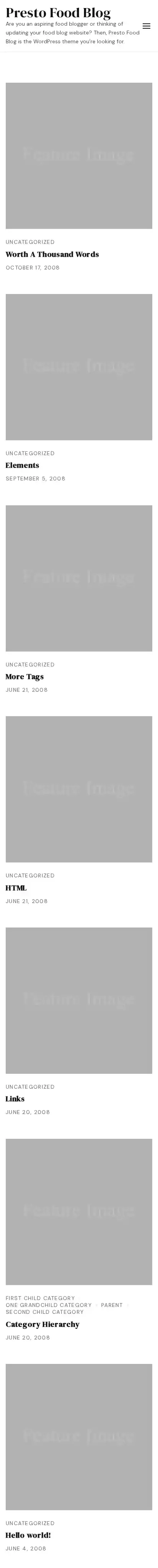 Presto Food Blog home page on mobile