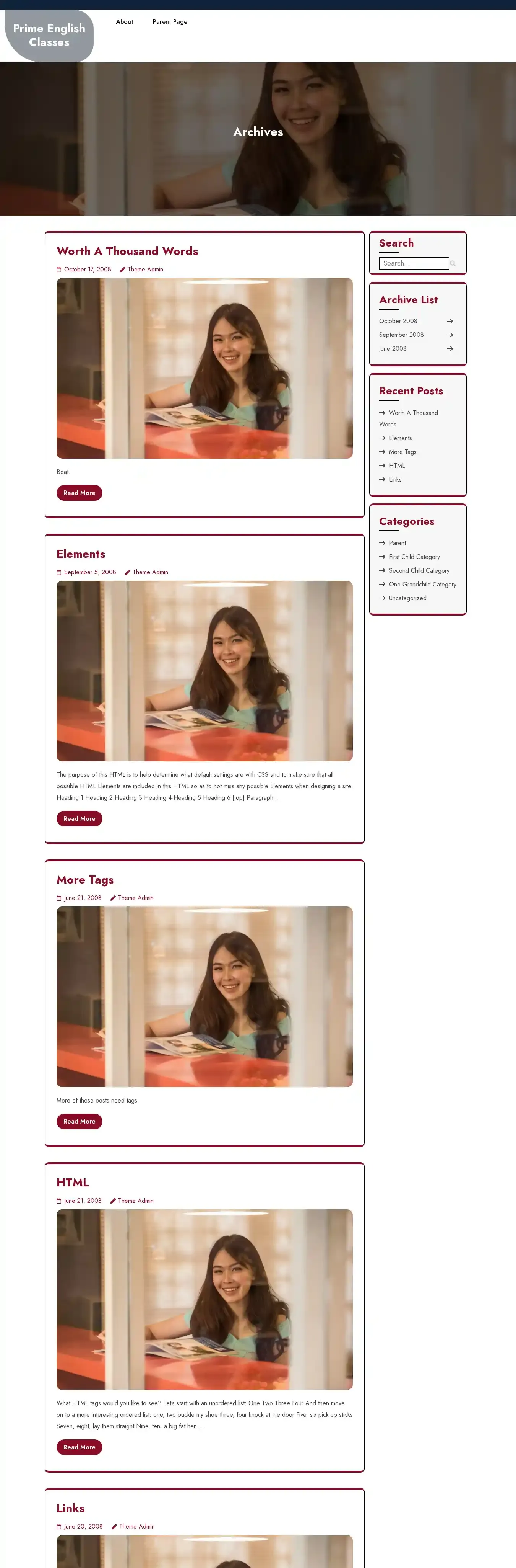Prime English Classes home page on desktop