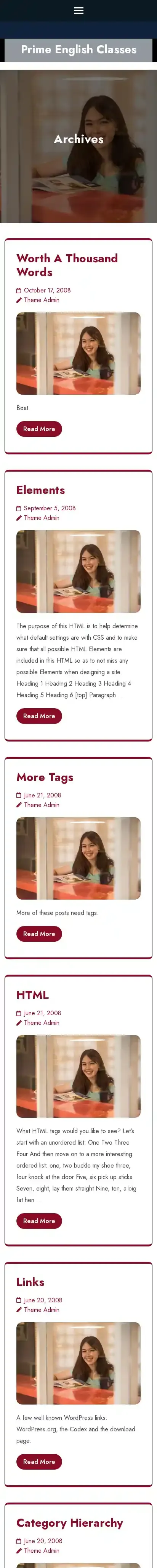 Prime English Classes home page on mobile