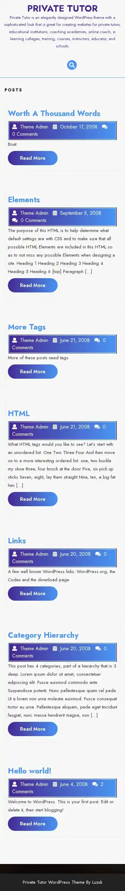 Private Tutor home page on mobile