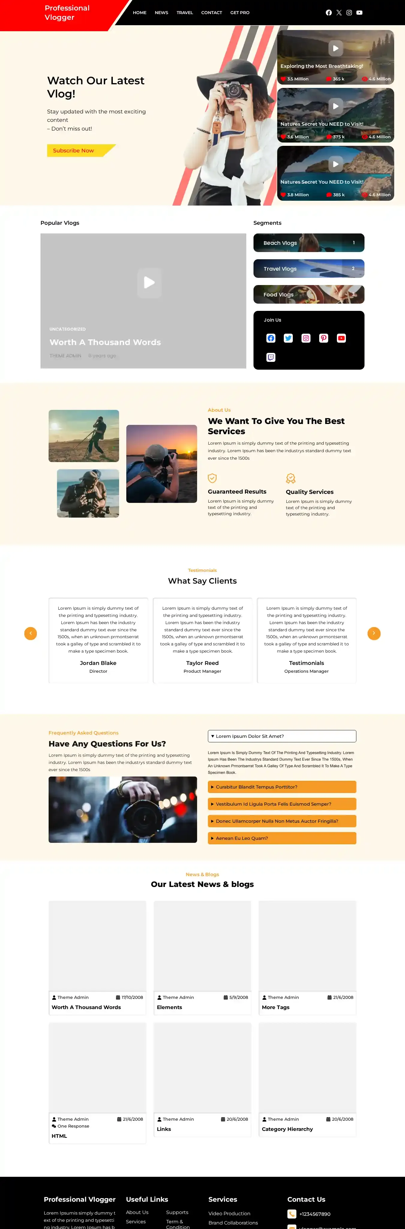 Professional Vlogger home page on desktop