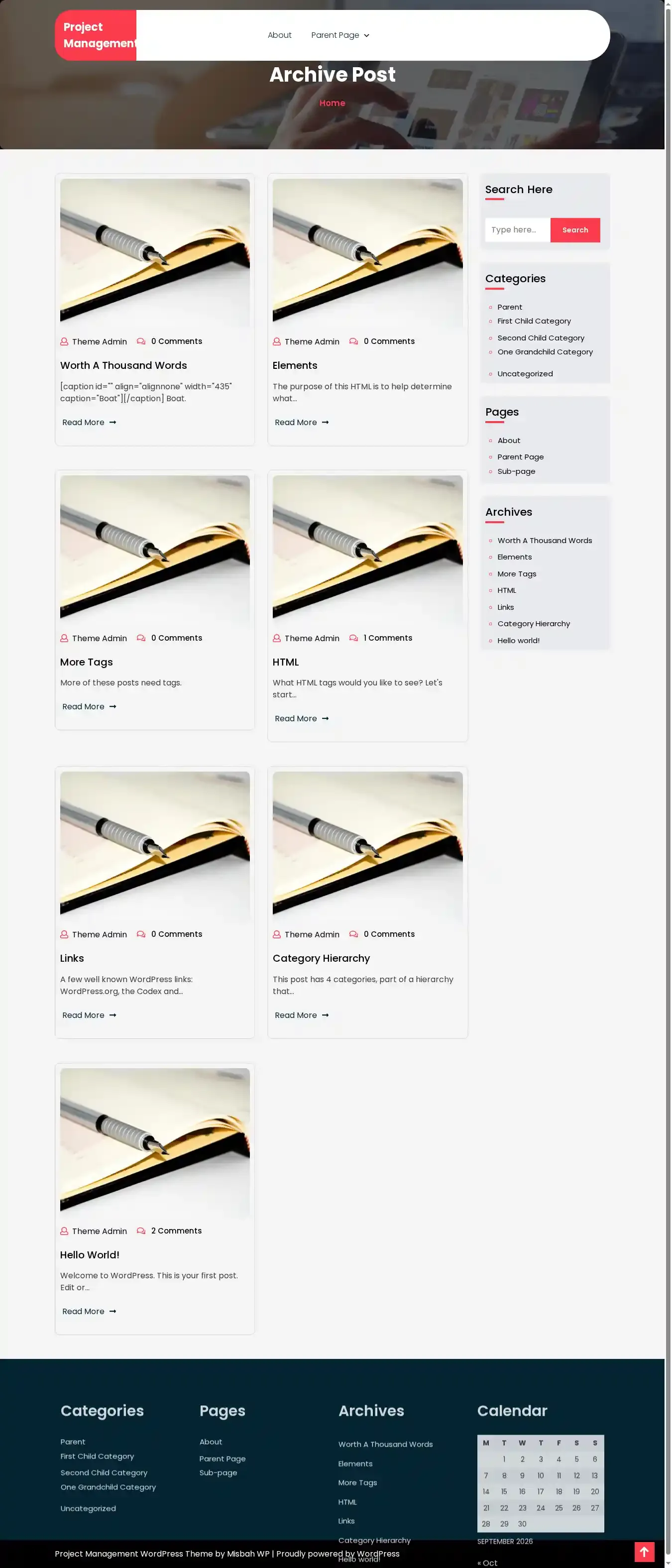 Project Management home page on desktop