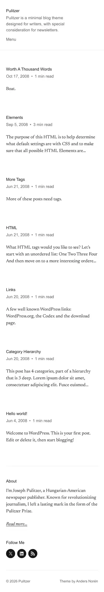 Pulitzer home page on mobile