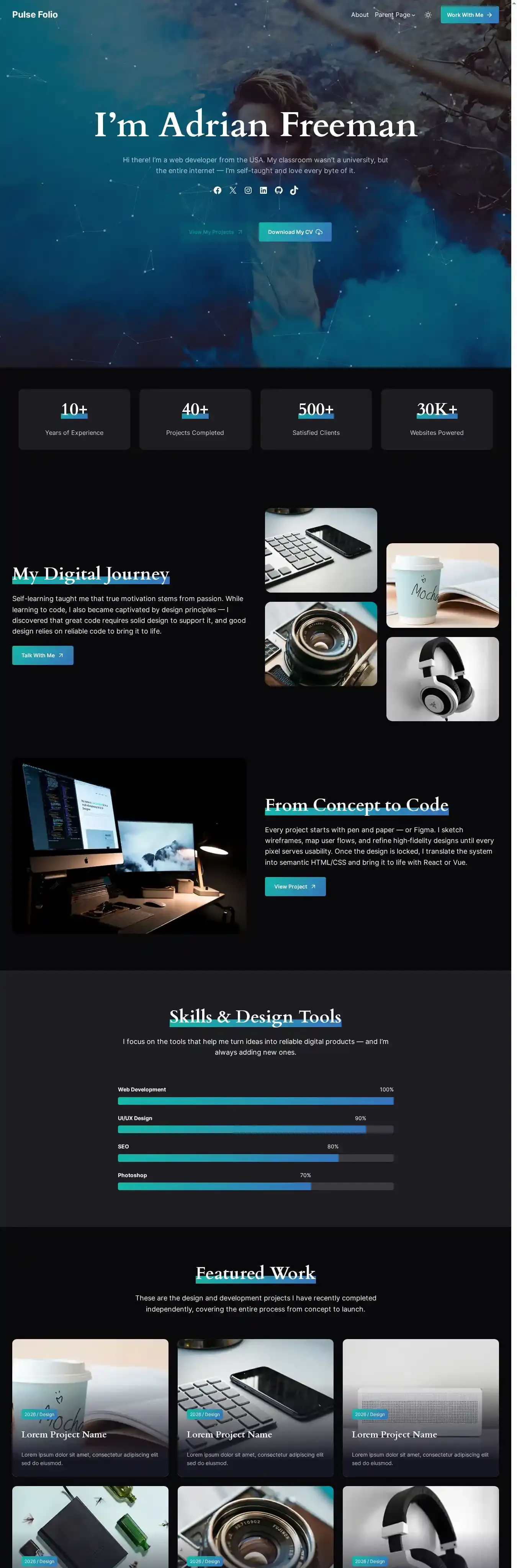 Pulse Folio home page on desktop