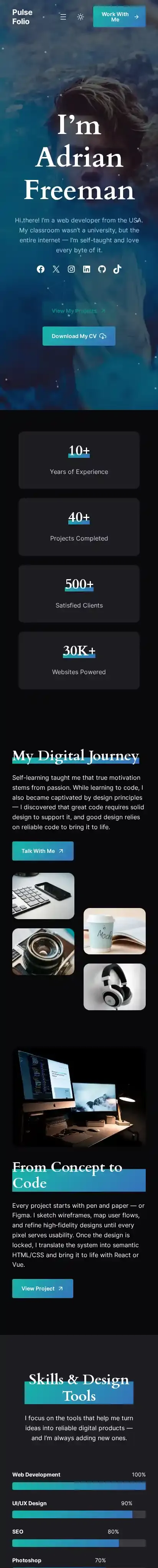 Pulse Folio home page on mobile