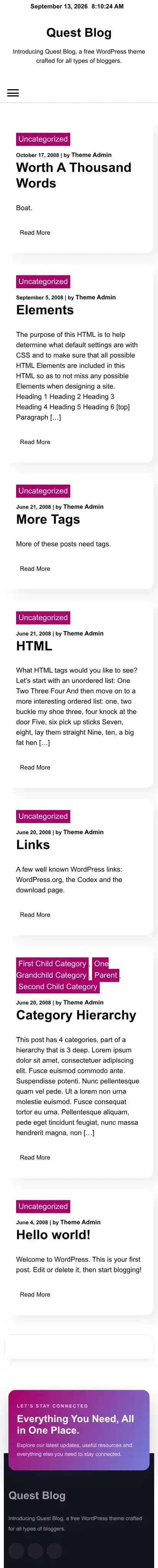 Quest Blog home page on mobile