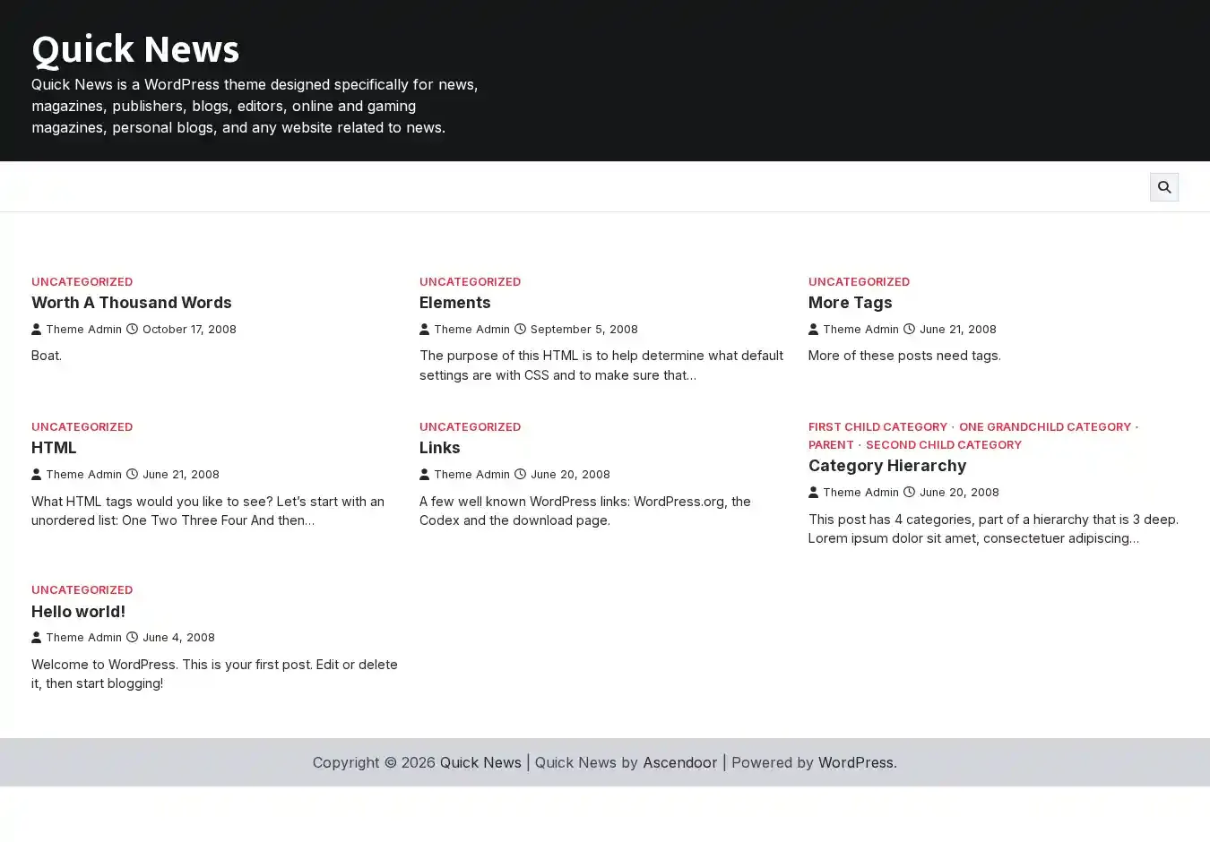 Quick News home page on desktop