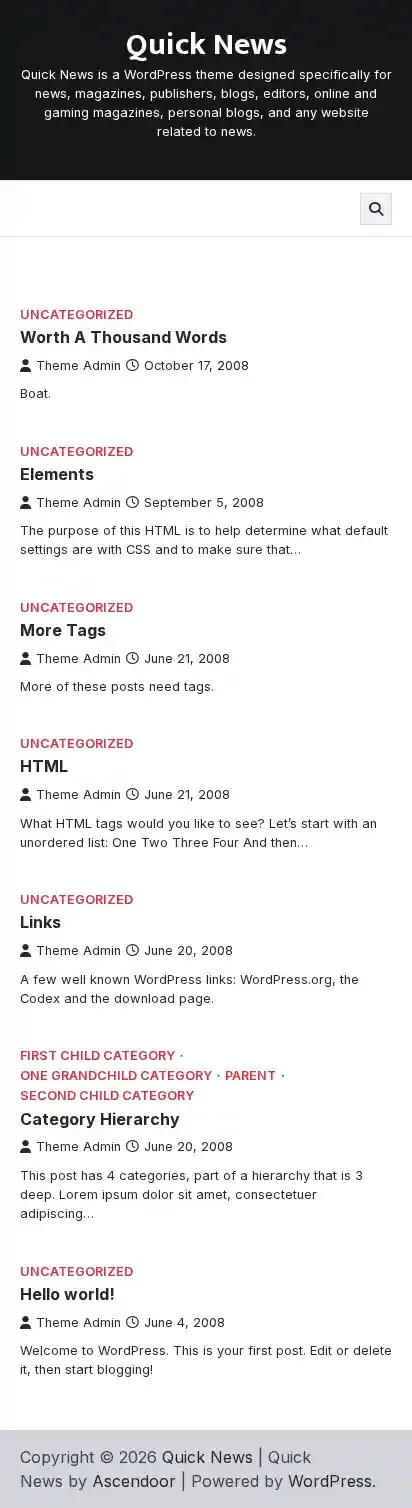 Quick News home page on mobile