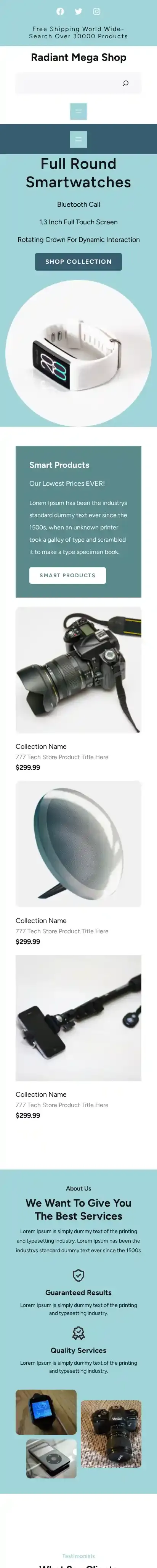 Radiant Mega Shop home page on mobile