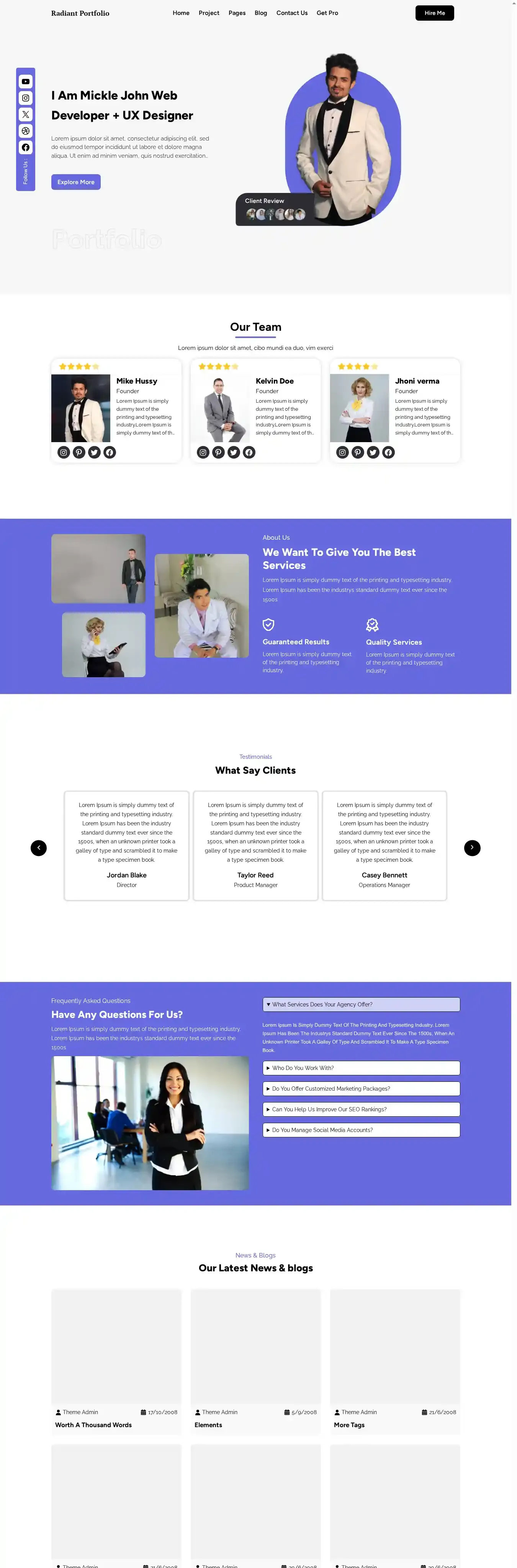 Radiant Portfolio home page on desktop