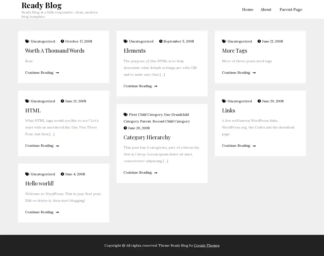 Ready Blog home page on desktop