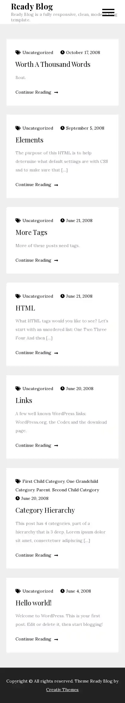 Ready Blog home page on mobile