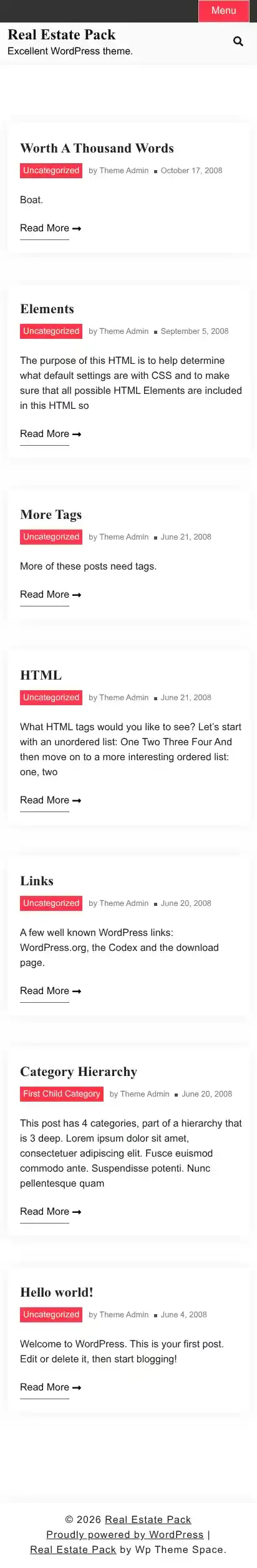 Real Estate Pack home page on mobile