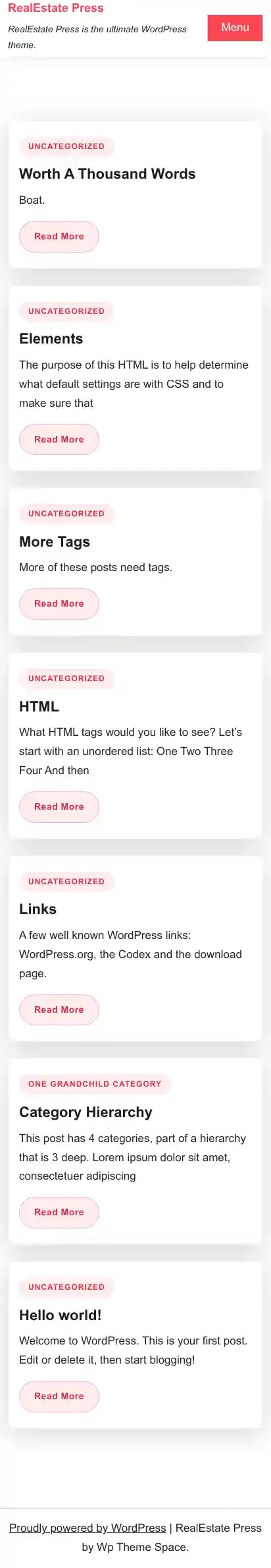 RealEstate Press home page on mobile