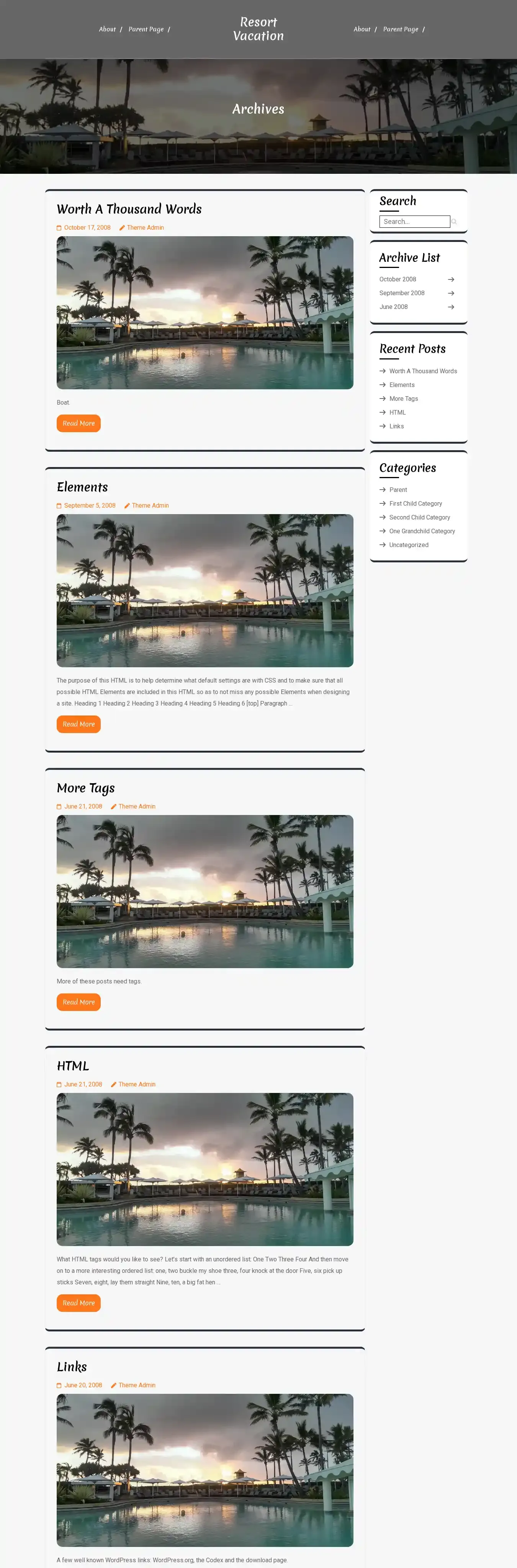 Resort Vacation home page on desktop