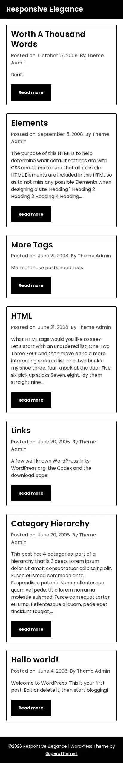 Responsive Elegance home page on mobile