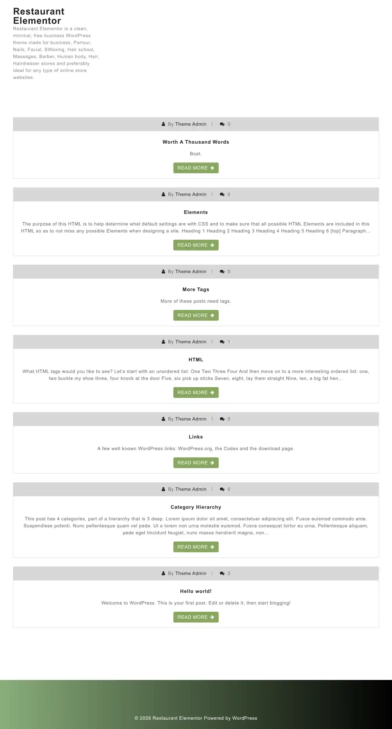 Restaurant Elementor home page on desktop