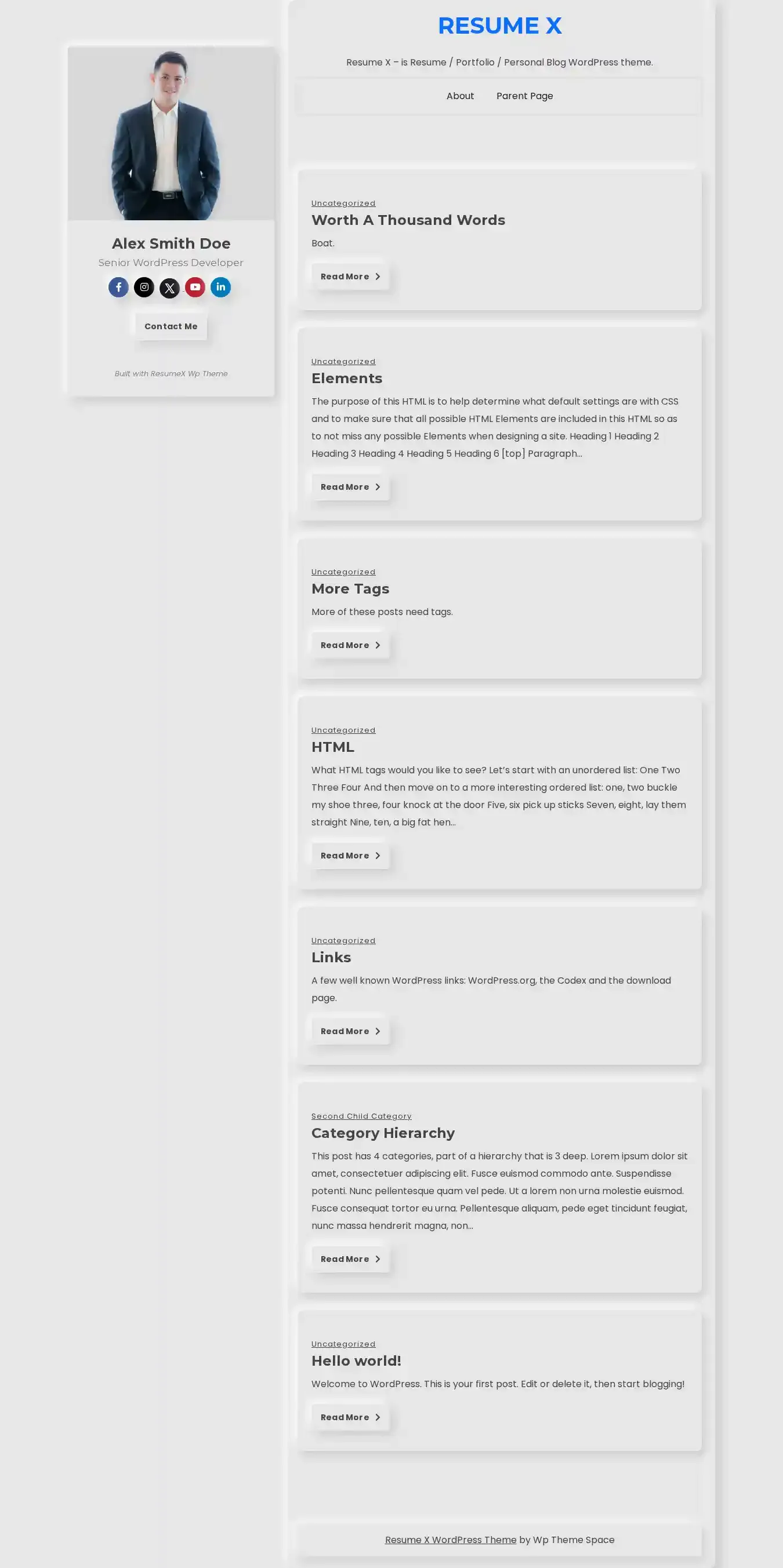 Resume X home page on desktop