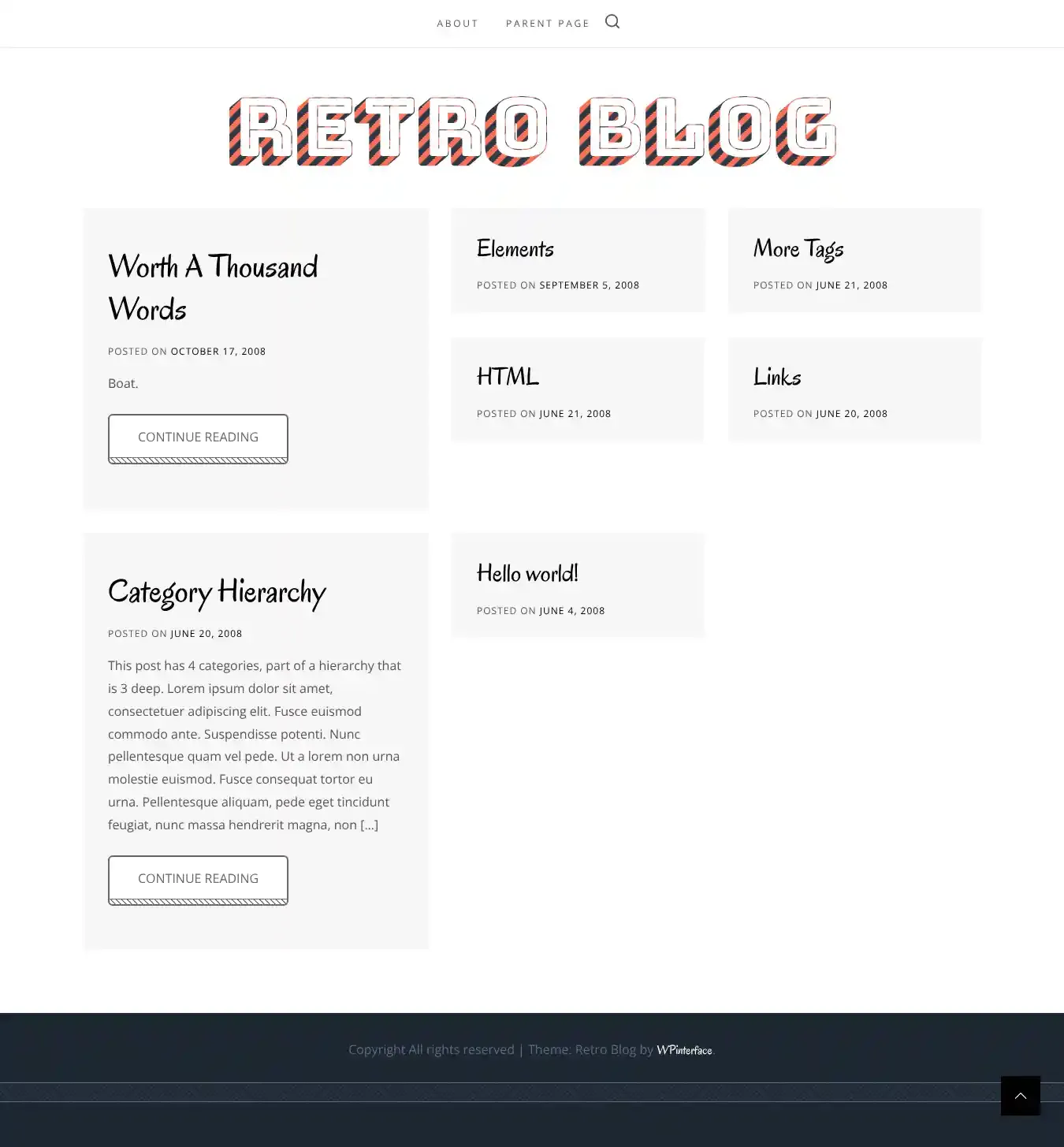 Retro Blog home page on desktop
