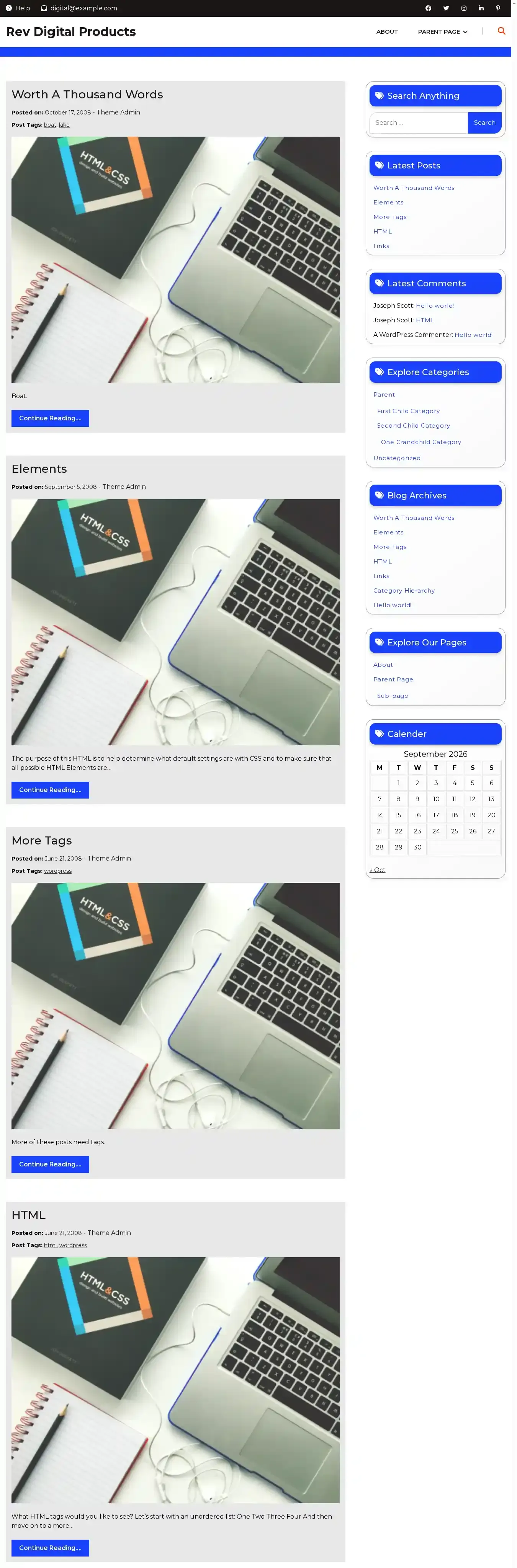 Rev Digital Products home page on desktop