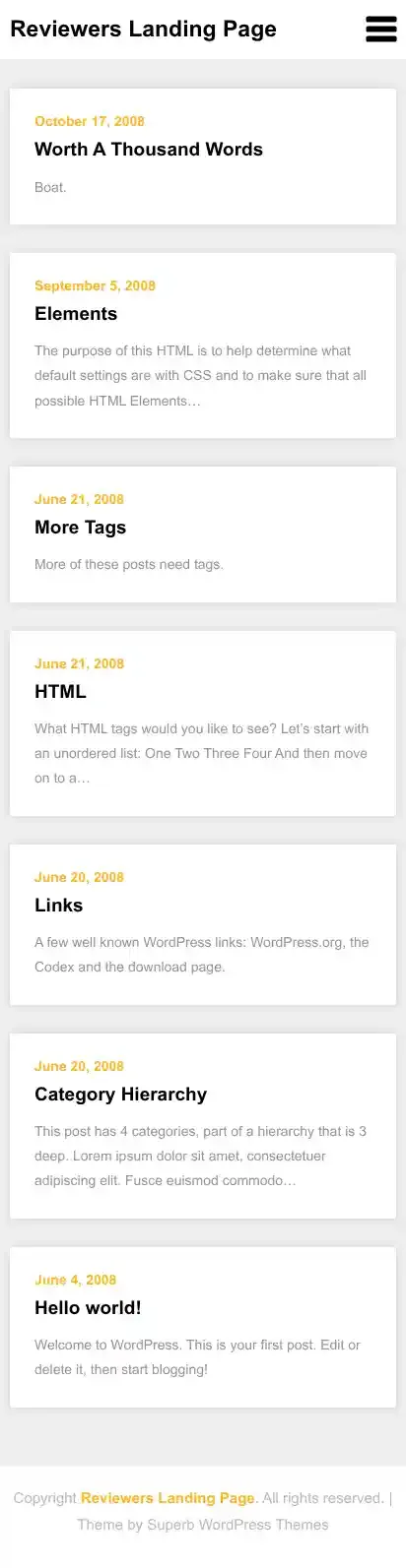 Reviewers Landing Page home page on mobile