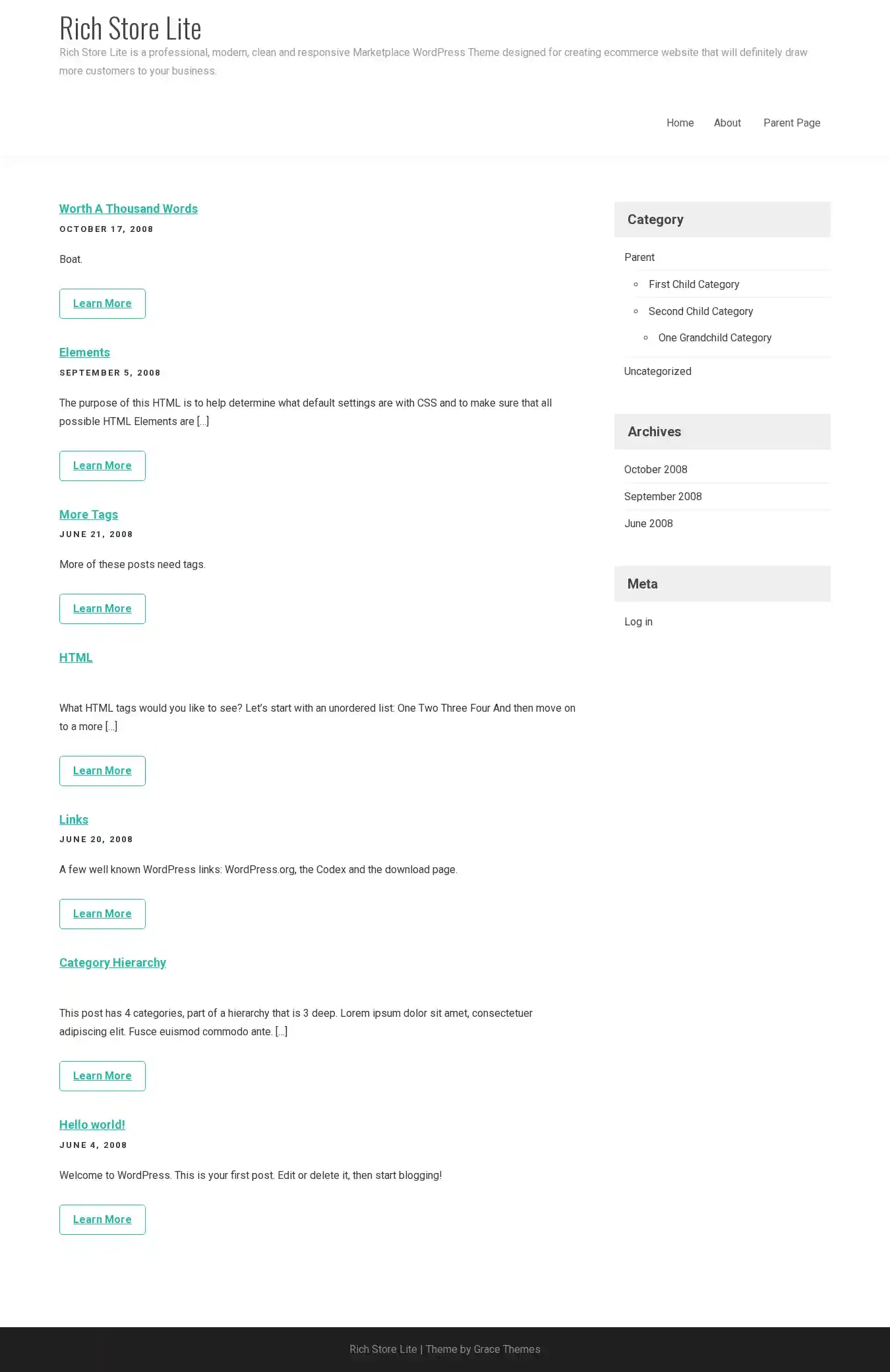 Rich Store Lite home page on desktop