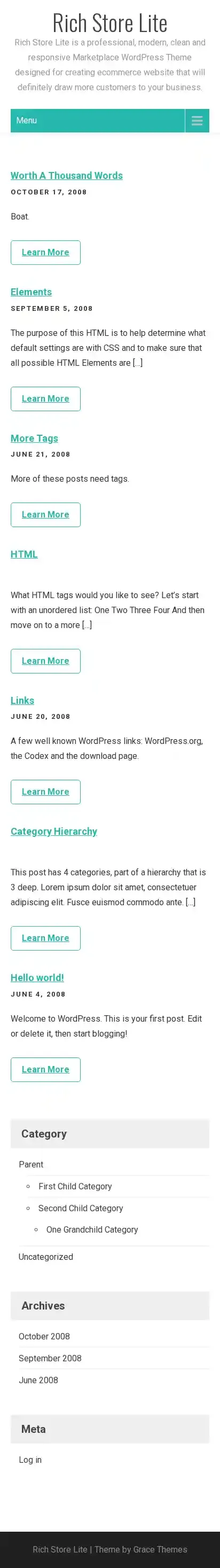 Rich Store Lite home page on mobile