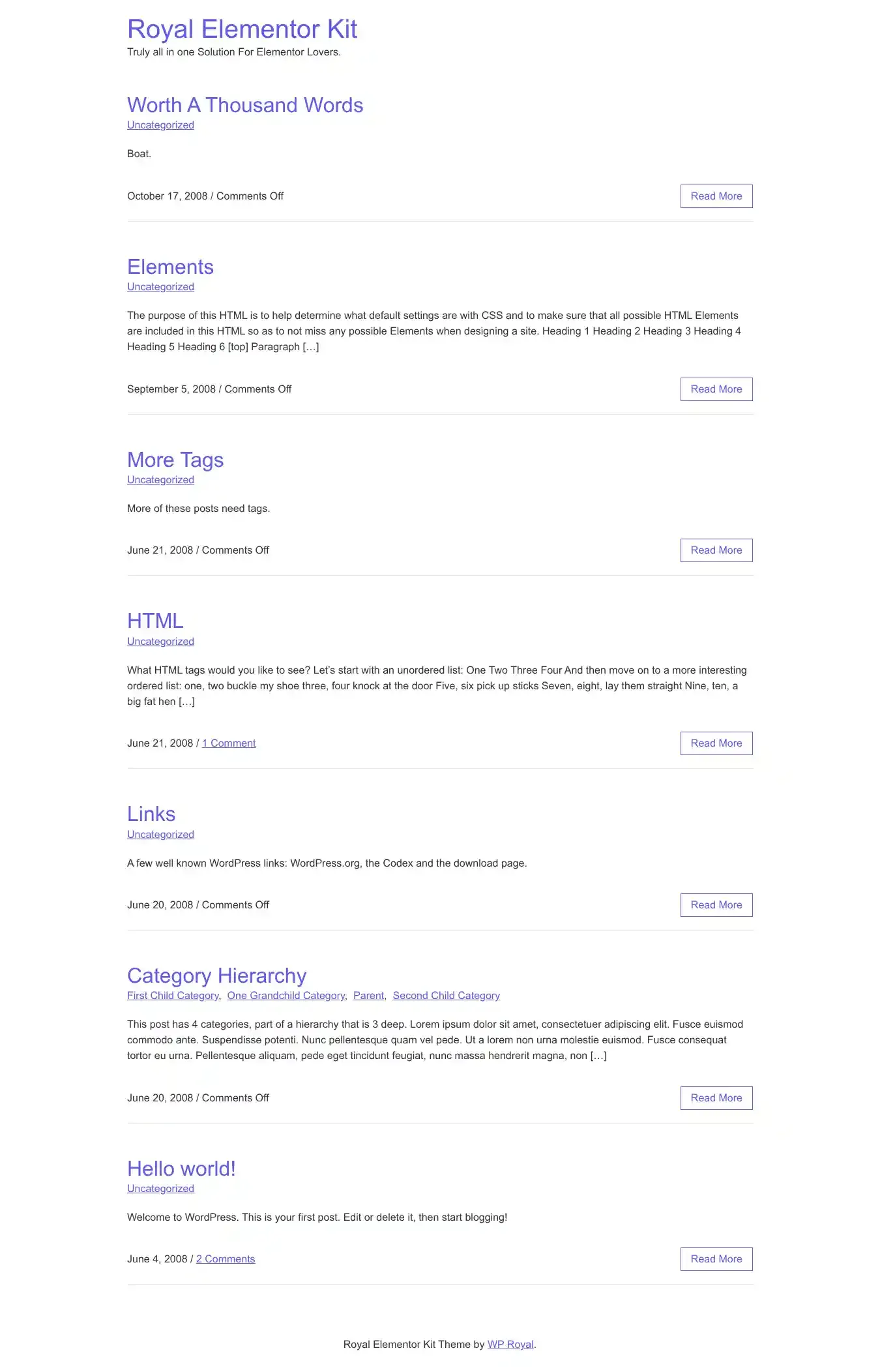 Royal Elementor Kit home page on desktop