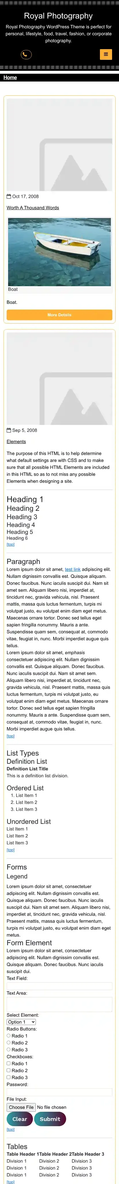 Royal Photography home page on mobile