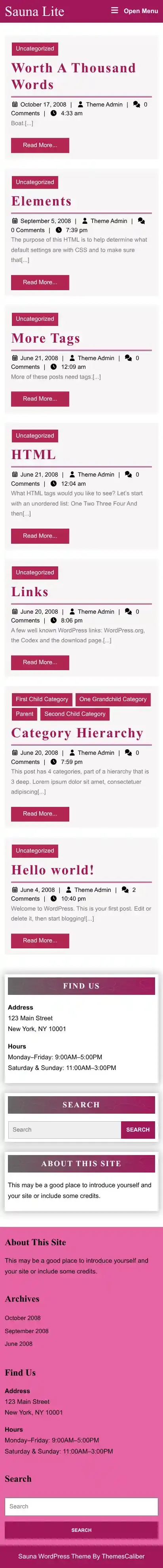 Sauna Lite home page on mobile