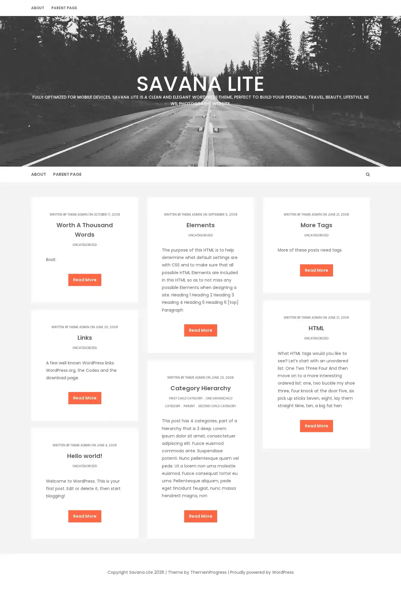 Savana Lite home page on desktop