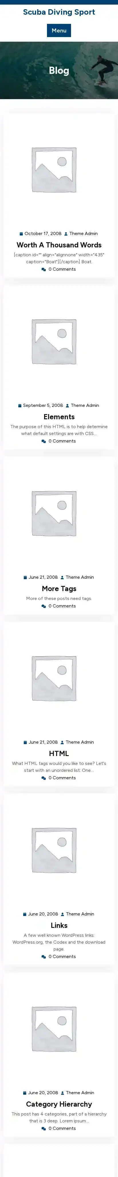 Scuba Diving Sport home page on mobile