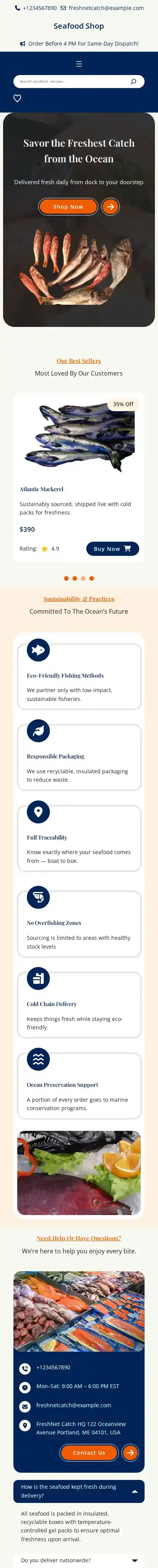 Seafood Shop home page on mobile