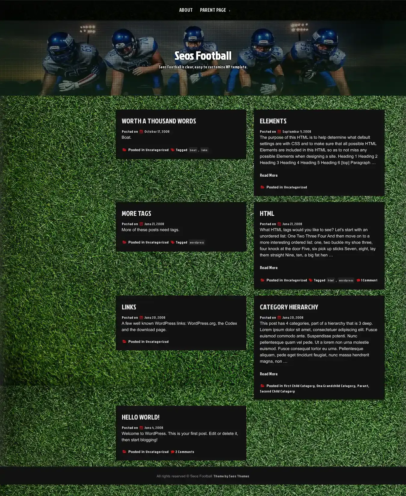 Seos Football home page on desktop
