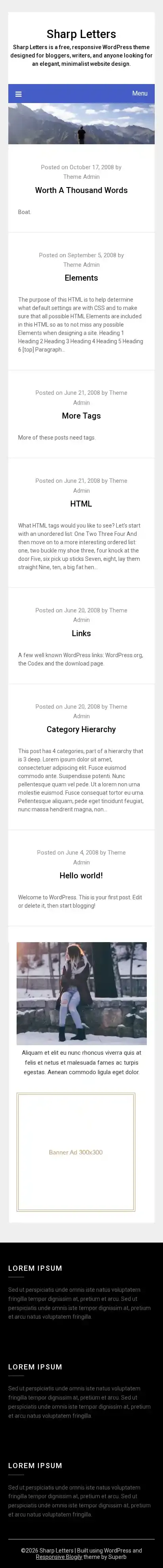 Sharp Letters home page on mobile