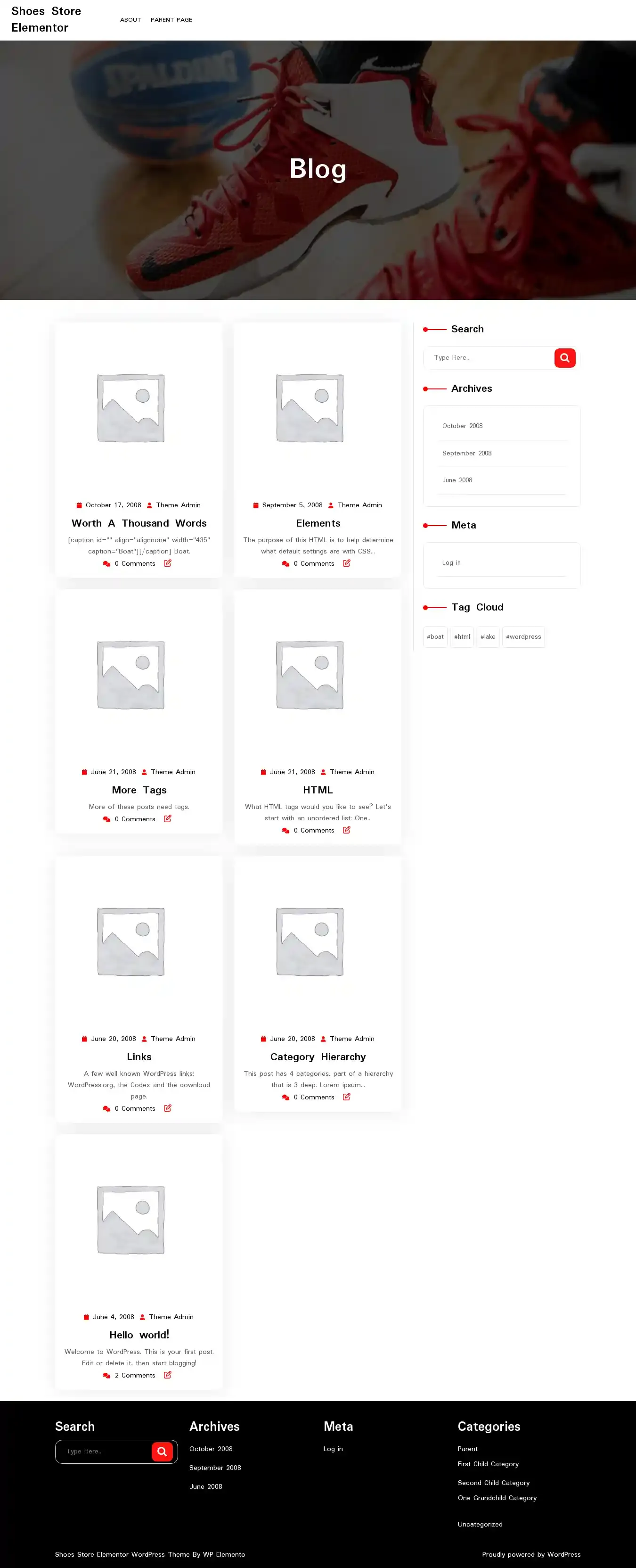 Shoes Store Elementor home page on desktop