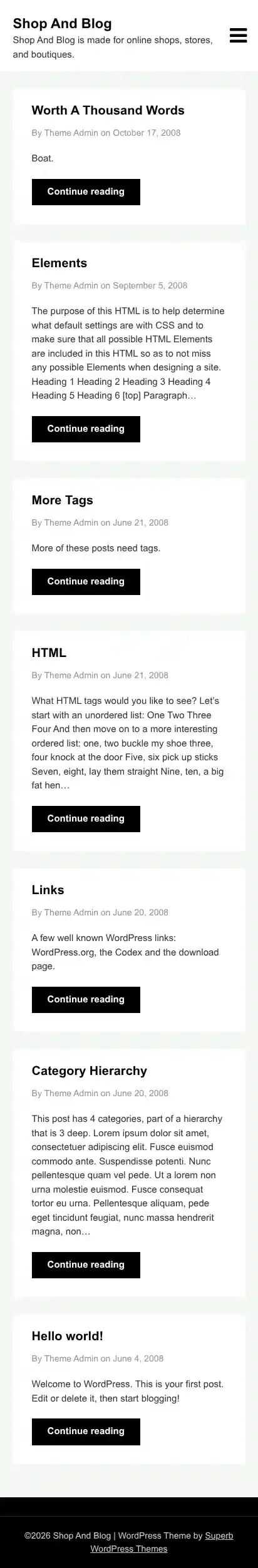 Shop And Blog home page on mobile